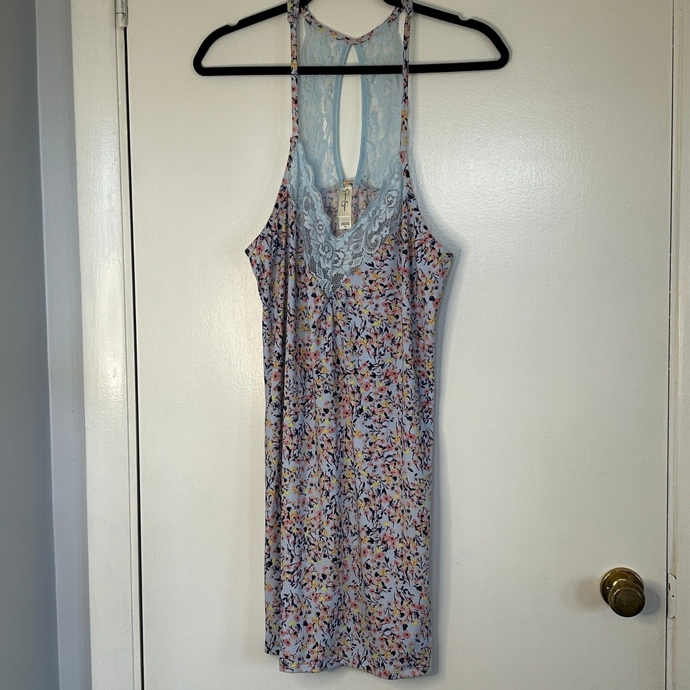 Jessica Simpson Floral Lace Trim Racerback Chemise Nightgown Blue XL Coquette